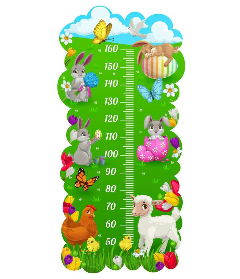 Kids height chart, Easter bunny and eggs vector