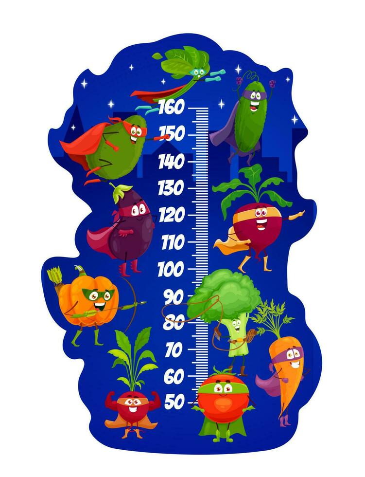 Happy vegetables superheroes, kids height chart vector
