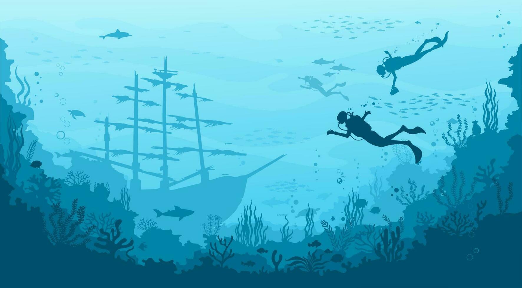 Underwater landscape with sunken ship and divers vector