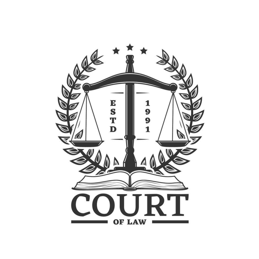 Justice icon with scales, laurel wreath and book vector