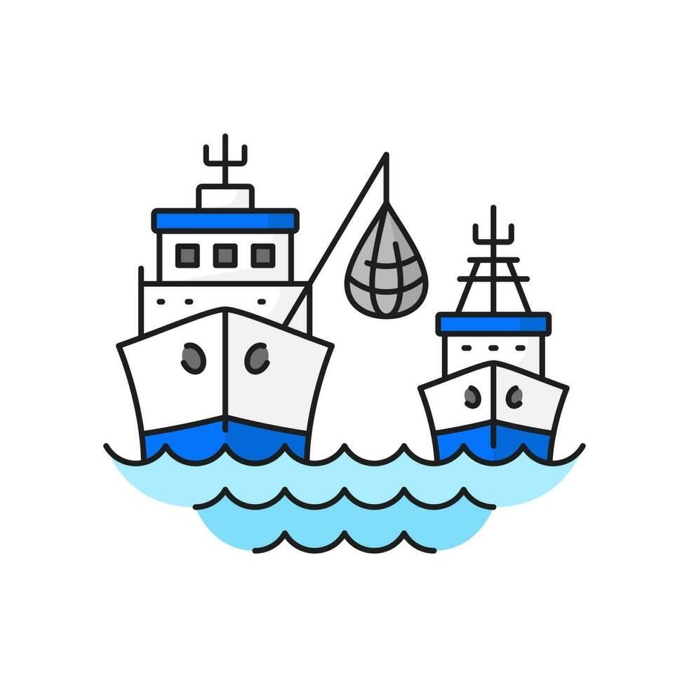 Fishing industry trawler ships with net line icon vector