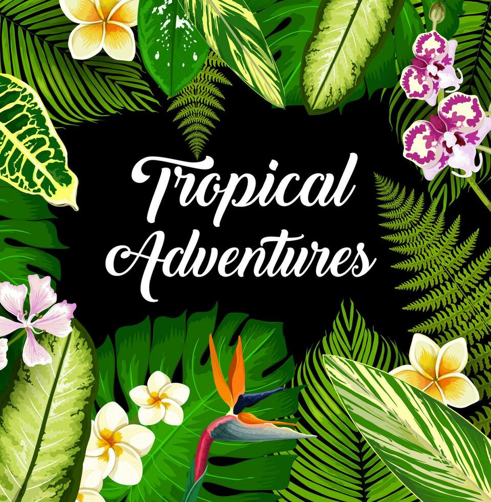 tropical plantas y flores, palma hojas póster vector