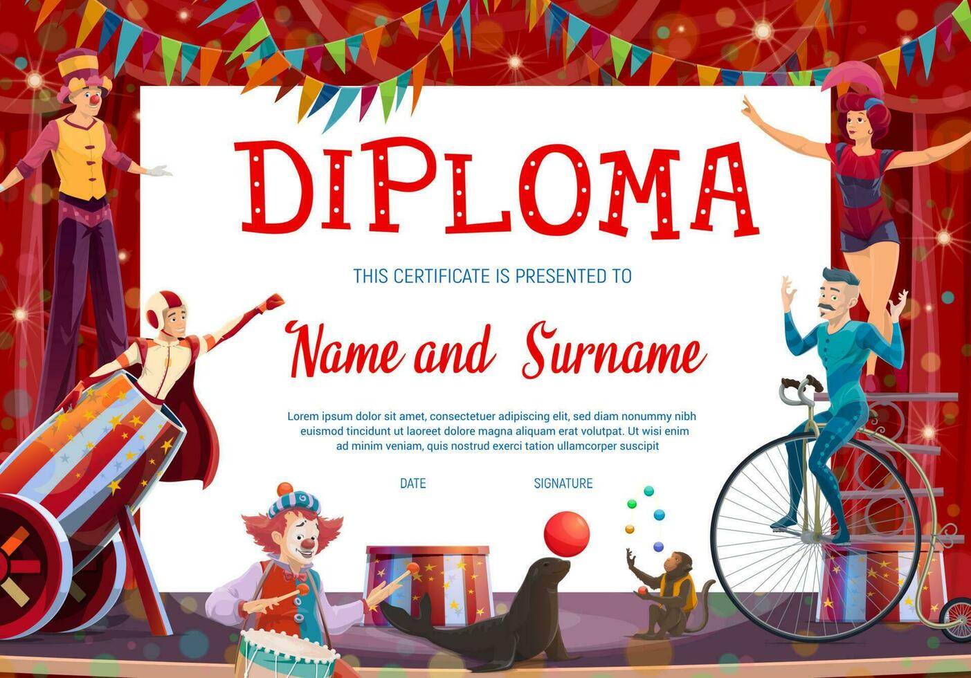 Kids diploma with shapito circus stage, performers vector