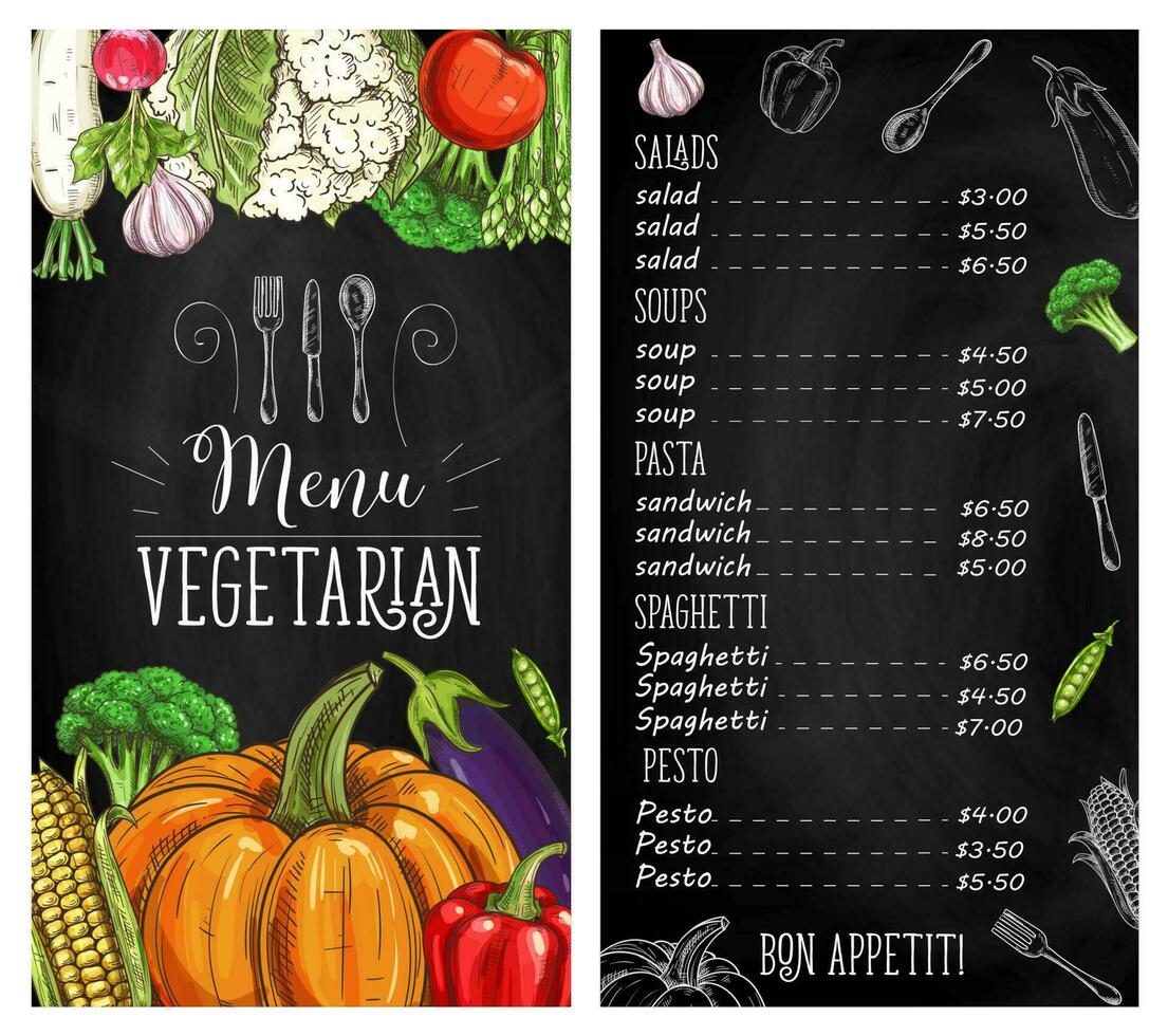 Vegetable food blackboard menu, veggie sketches vector