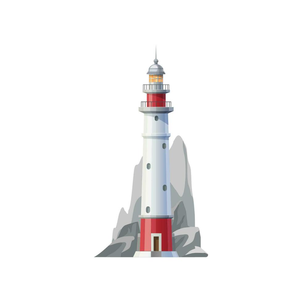 Sea lighthouse, coast searchlight or beacon tower vector