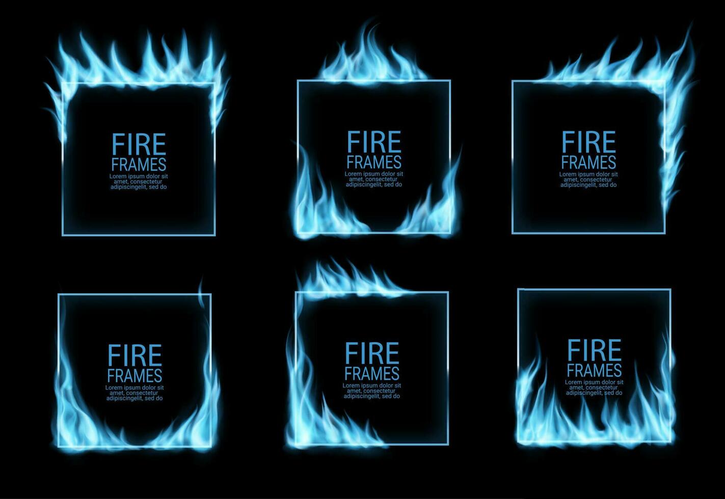 Square frames with blue gas fire flames burning vector