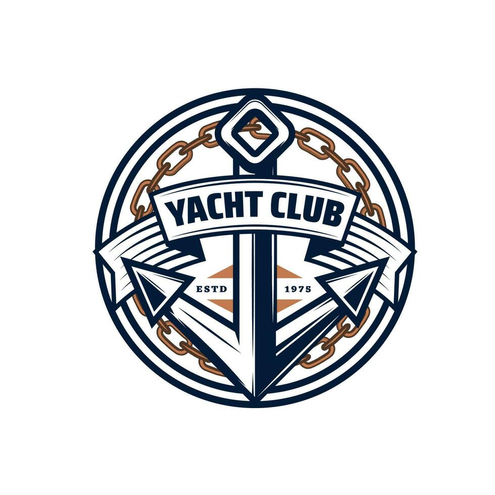 Yacht club icon, nautical anchor, sail ship chain vector