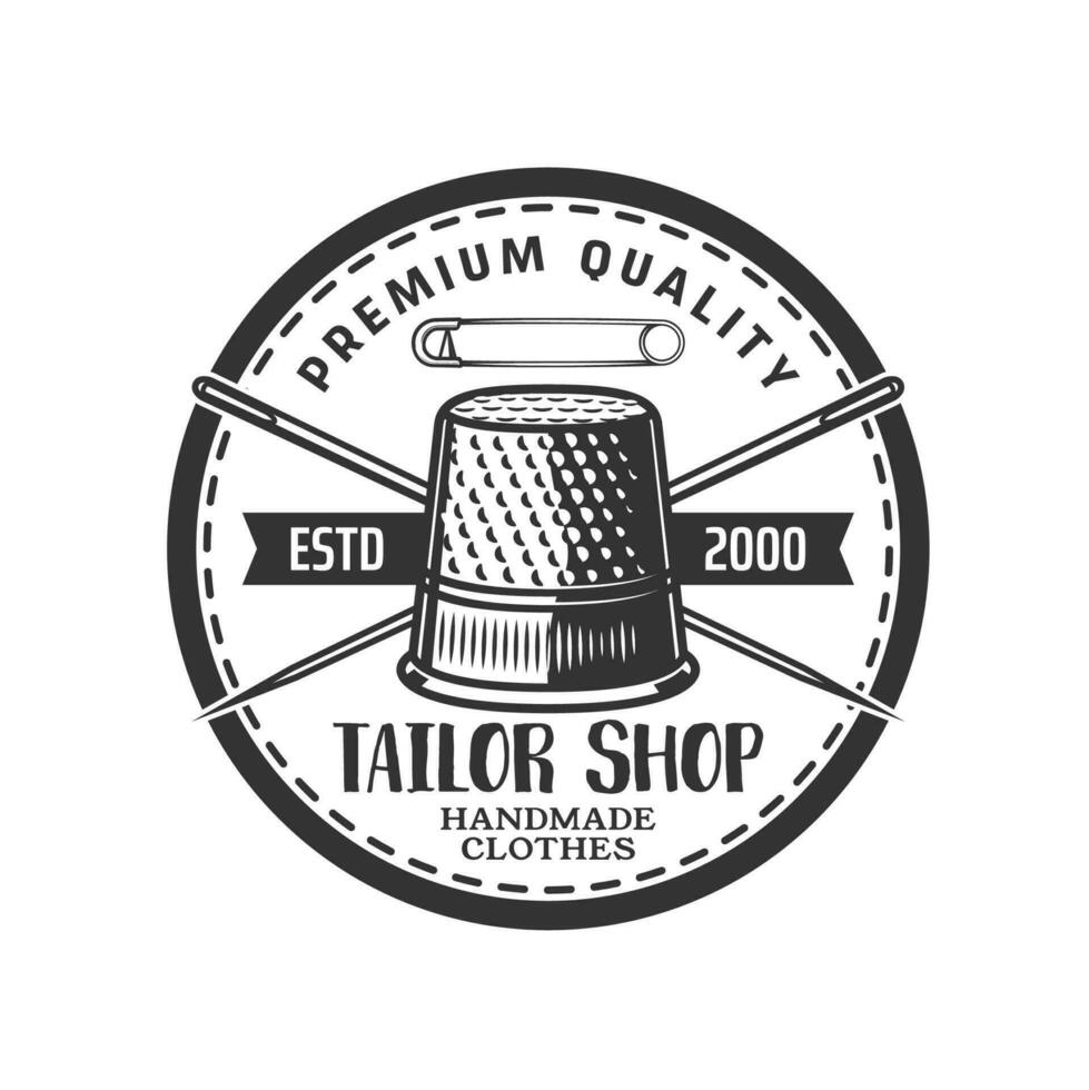 Tailor shop icon, sewing needles, pin, thimble vector