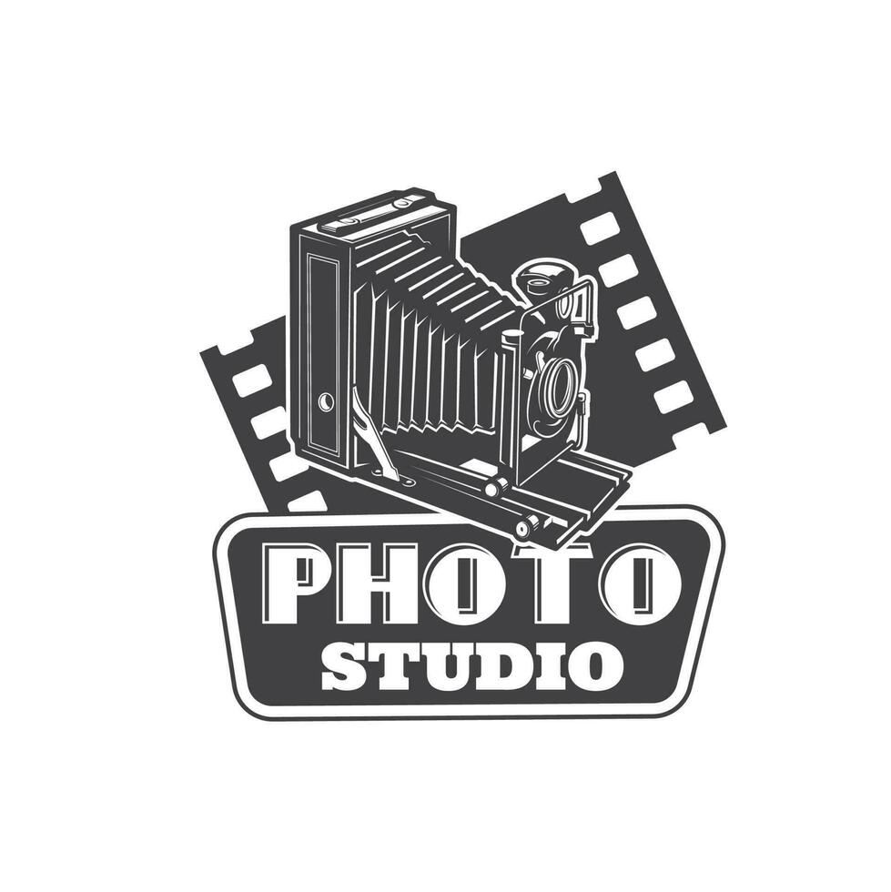 Photo studio icon with camera. Vector retro emblem