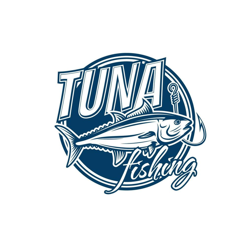 Tuna fishing vector icon with fish, fisherman hook