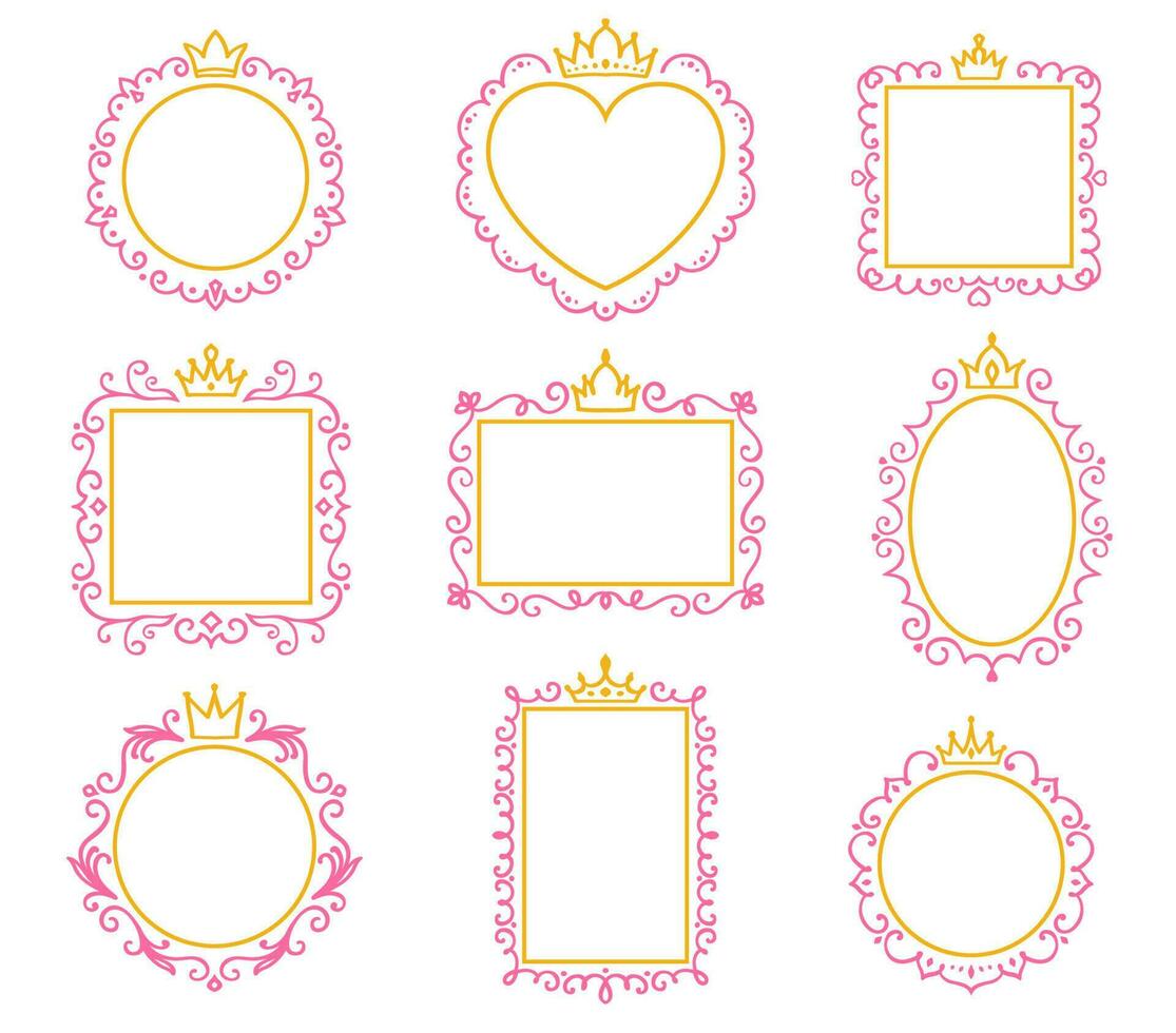 Princess frames and mirrors with doodle crown vector