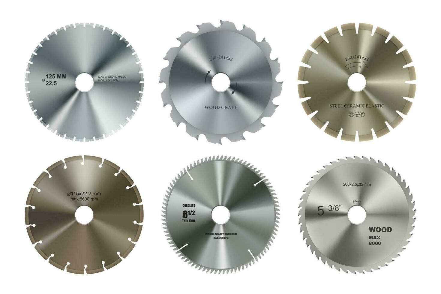 Realistic circular saw blade discs, cutting tool vector