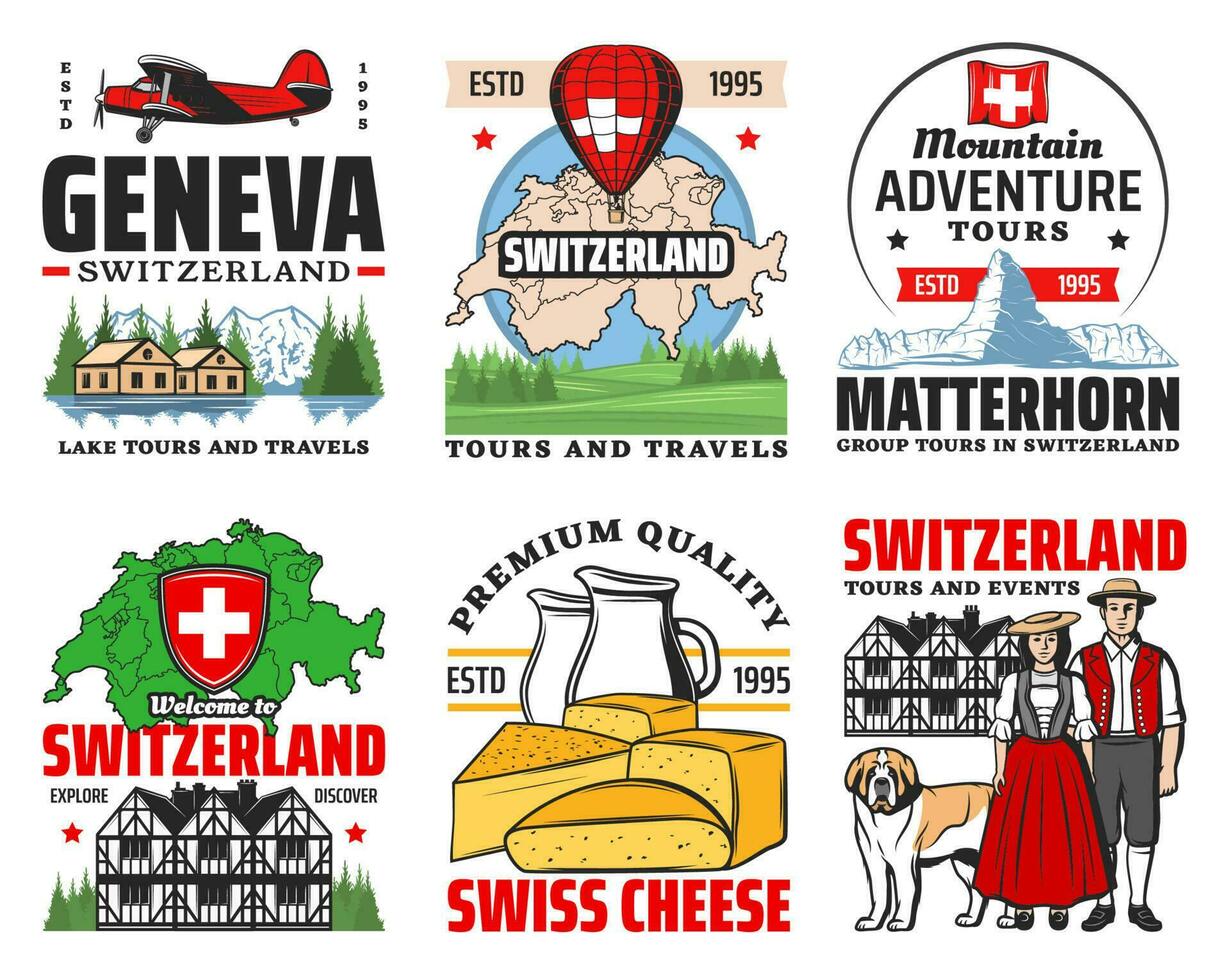 Suiza viajar, suizo Alpes montaña, mapa, bandera vector