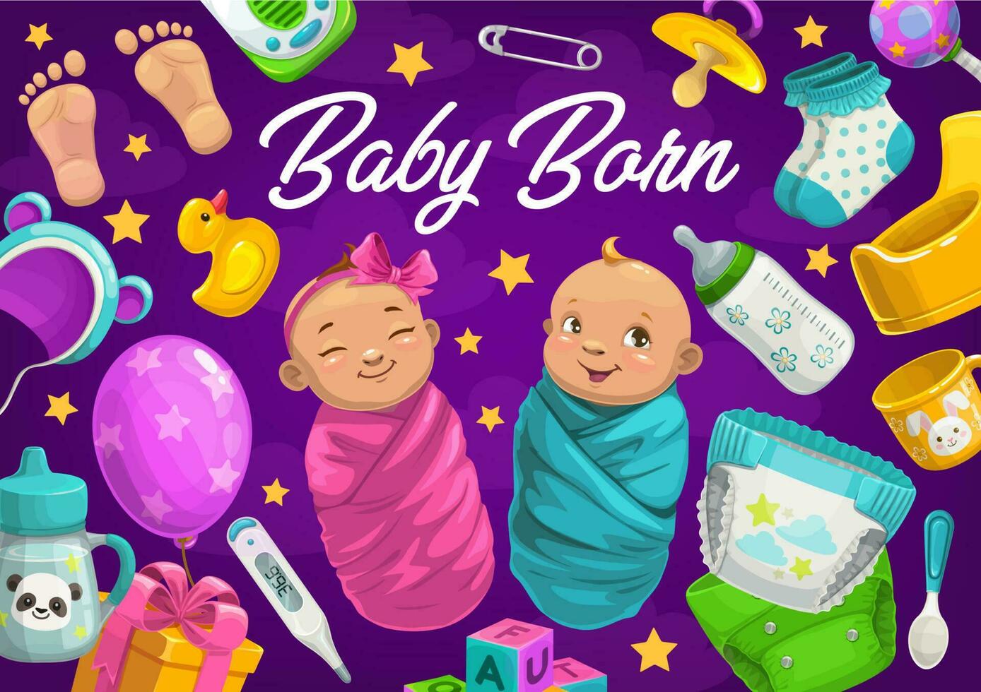 Newborn baby boy and girl with accessories vector