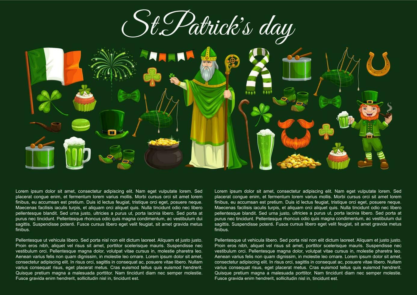 St Patrick, leprechaun, clover and pot of gold vector