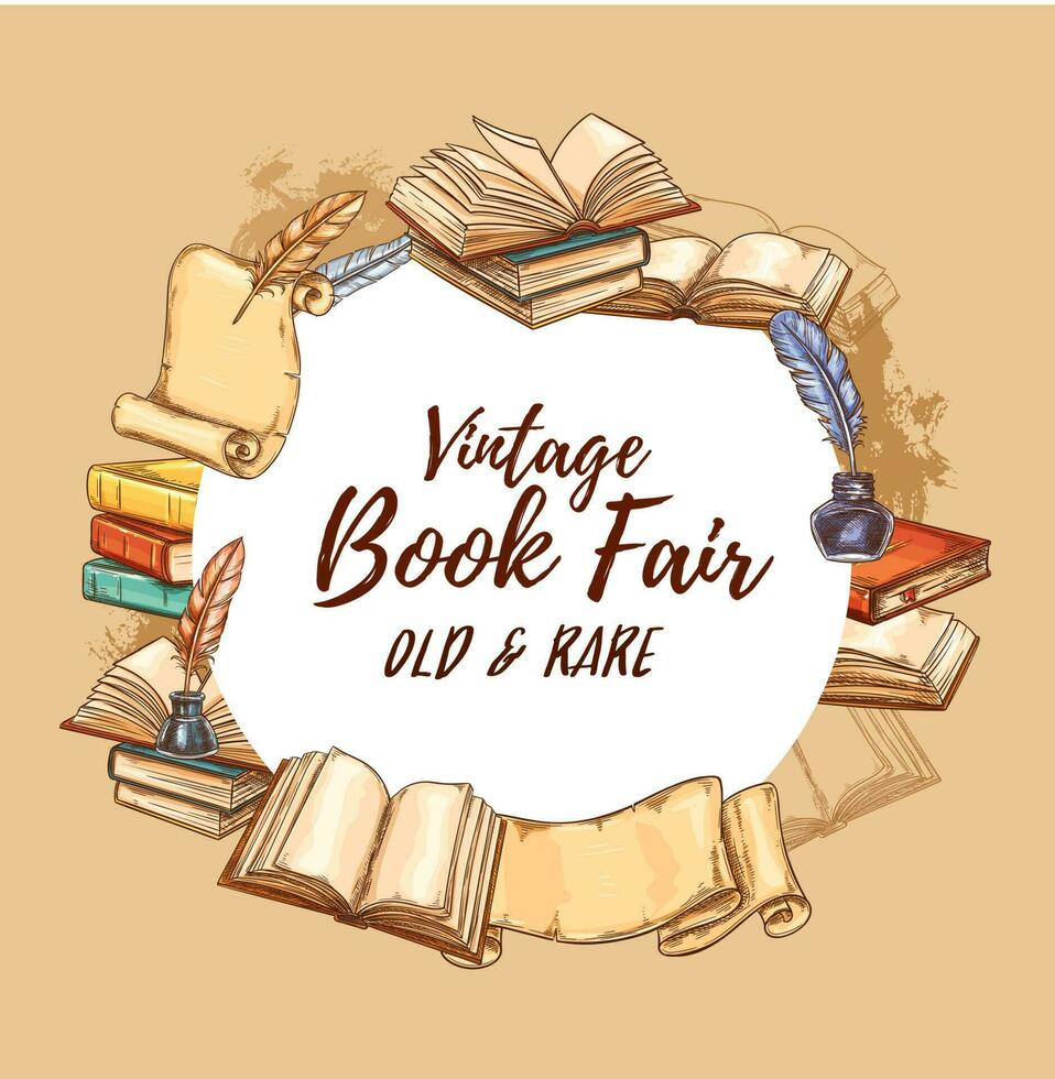 Vintage books fair, old rare bookstore vector
