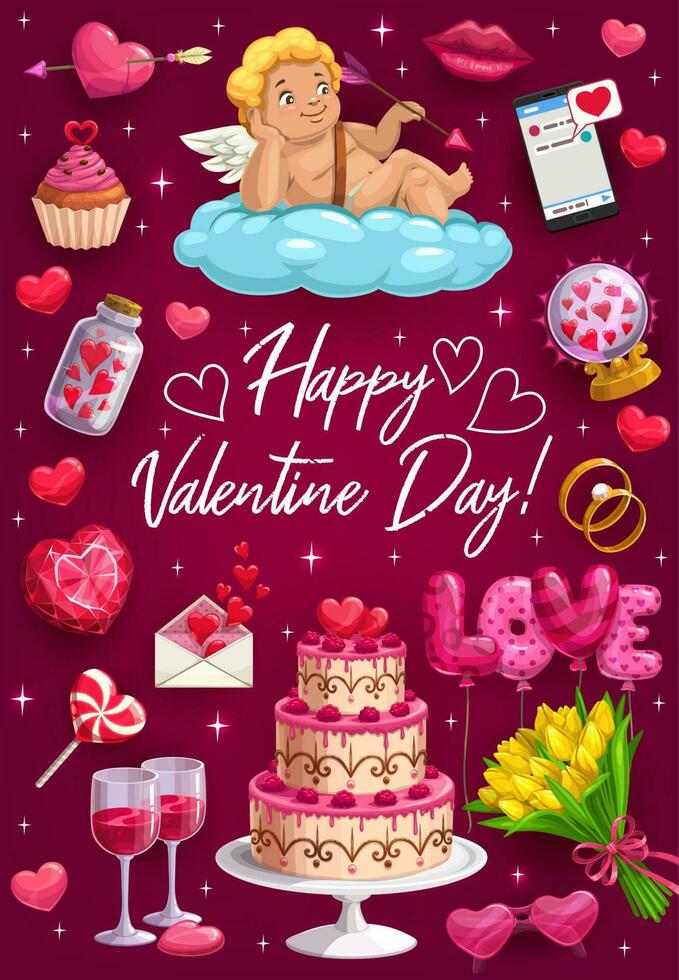 Greetings on Valentines day, passion love symbols vector