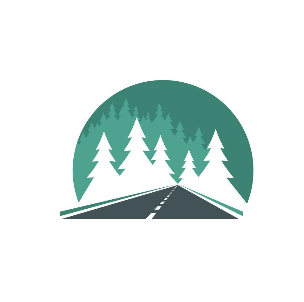 Road icon, highway in green forest, way or route vector