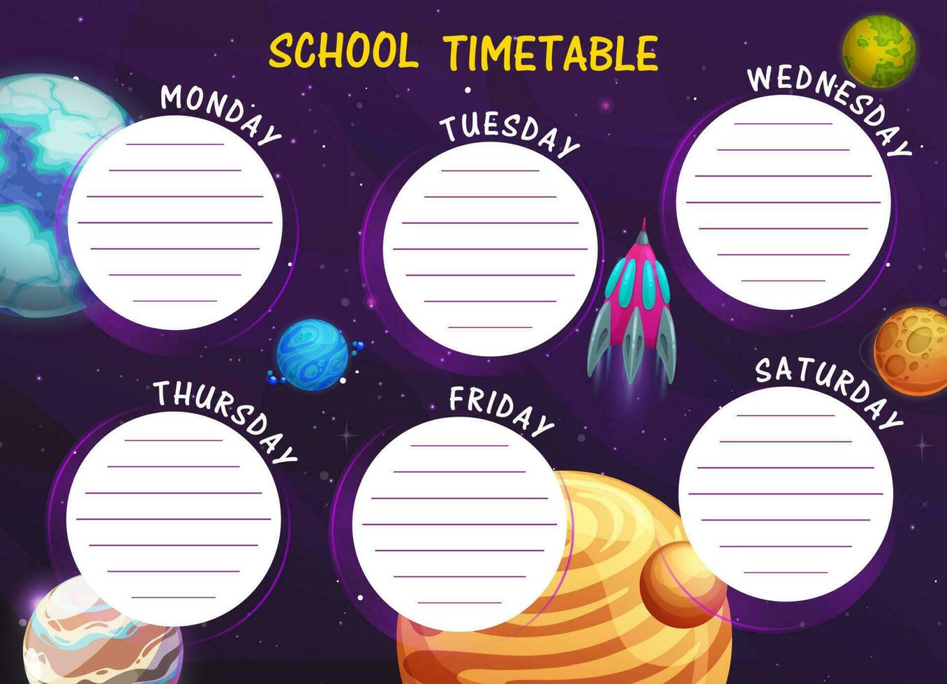 School timetable with cartoon space planets frame vector