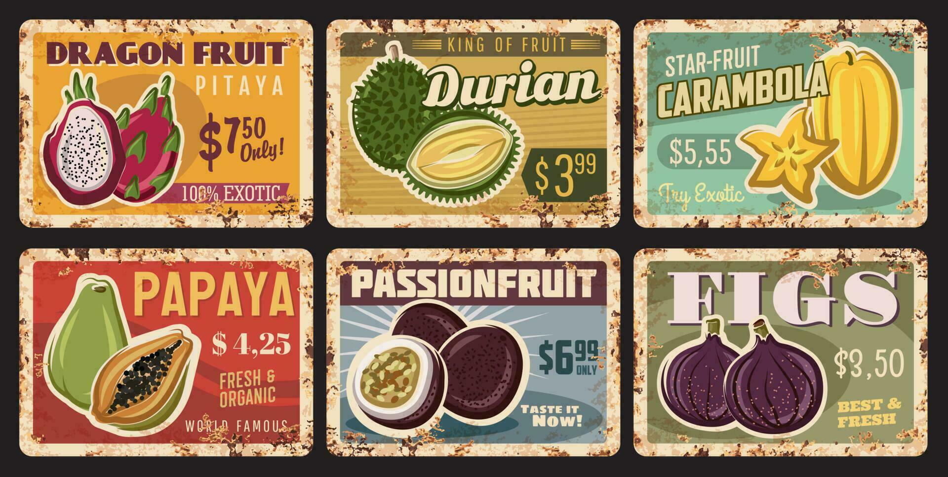 Tropical fruits rusty metal plates, rust tin signs vector