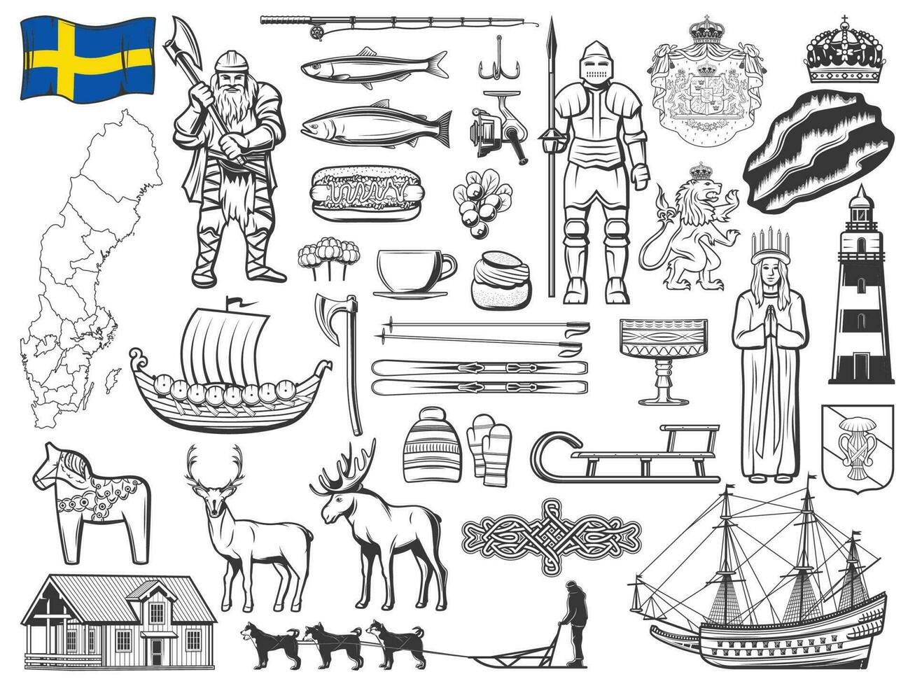 Sweden history, cuisine and culture icons vector