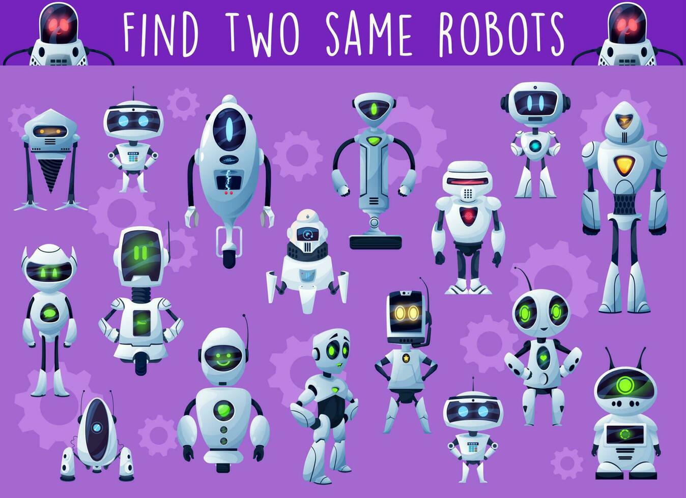 Kids educational game with cartoon robots, droids vector