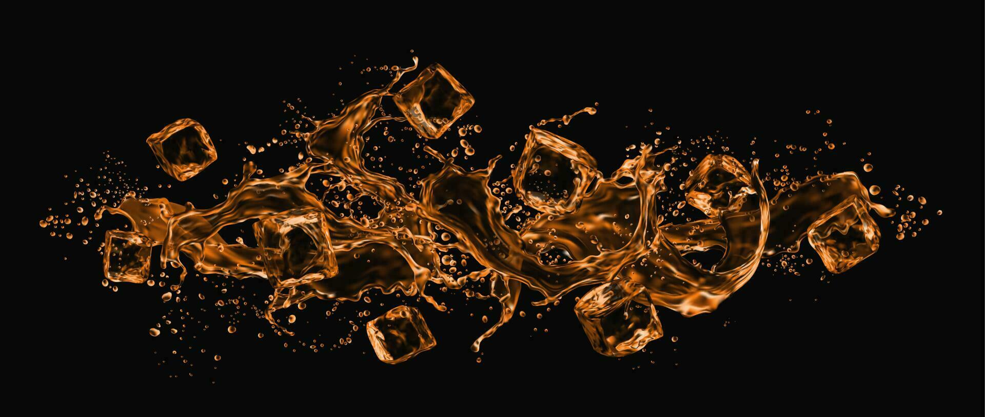 Realistic ice cubes and whiskey wave splash flow vector