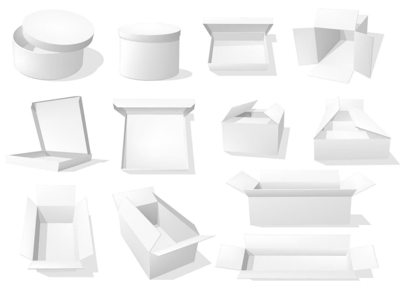 White cardboard boxes, paper package mockups vector