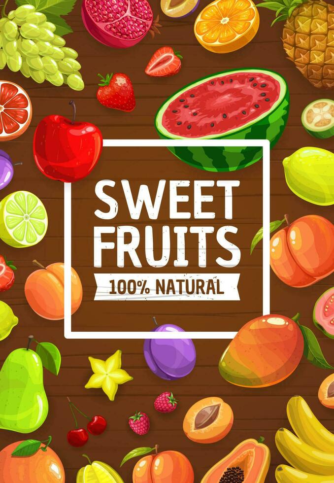 Cartoon fruits and berries, farm and garden food vector