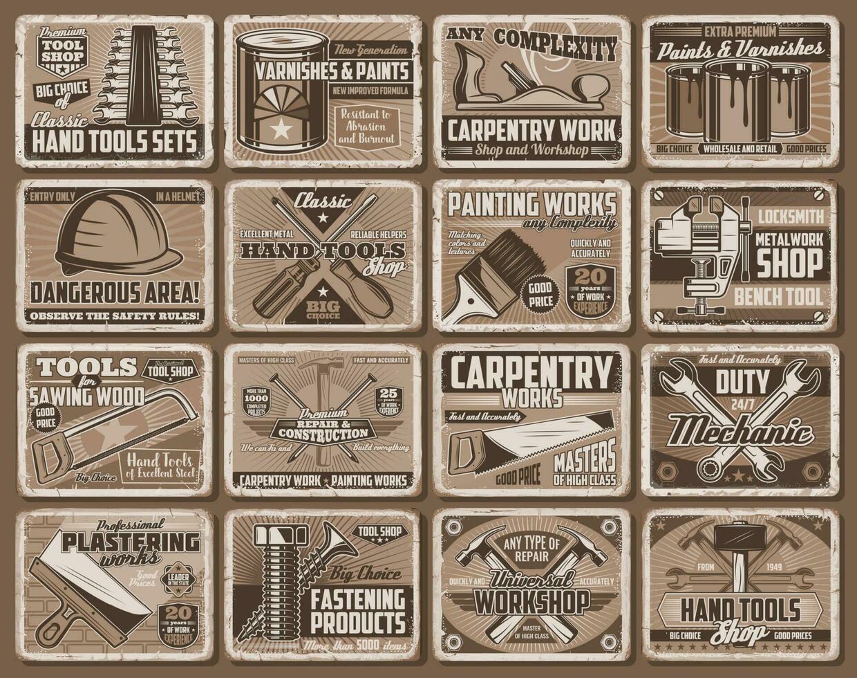 Work tool and equipment retro posters vector