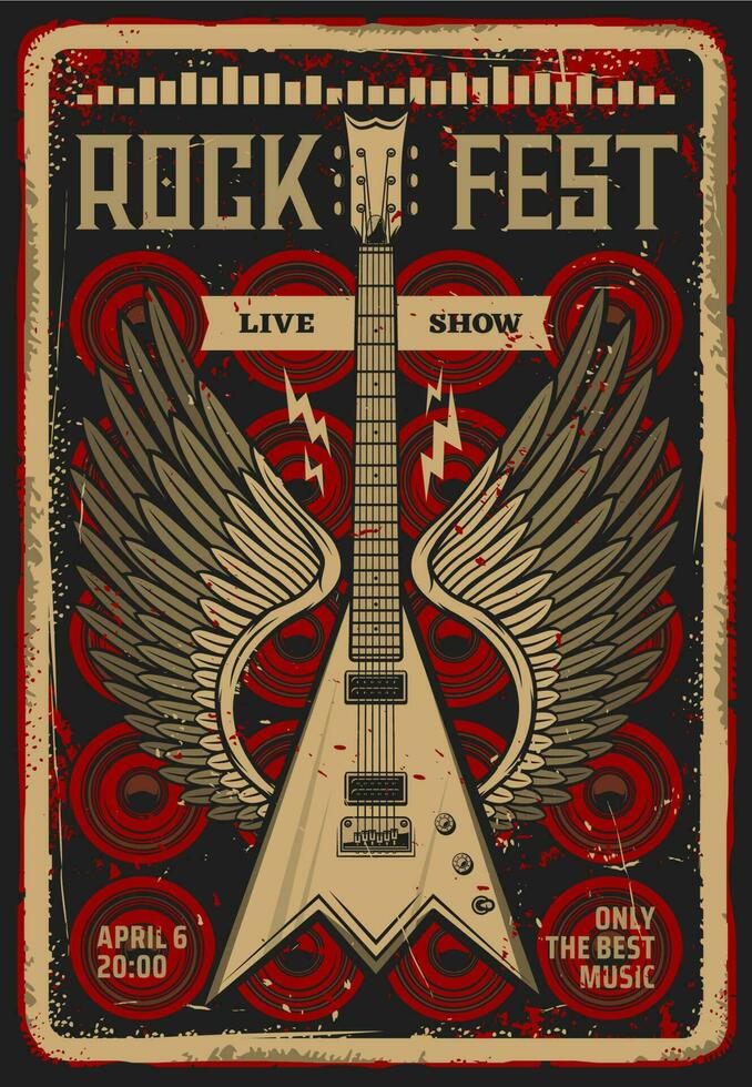 Rock guitar retro poster, music festival concert vector