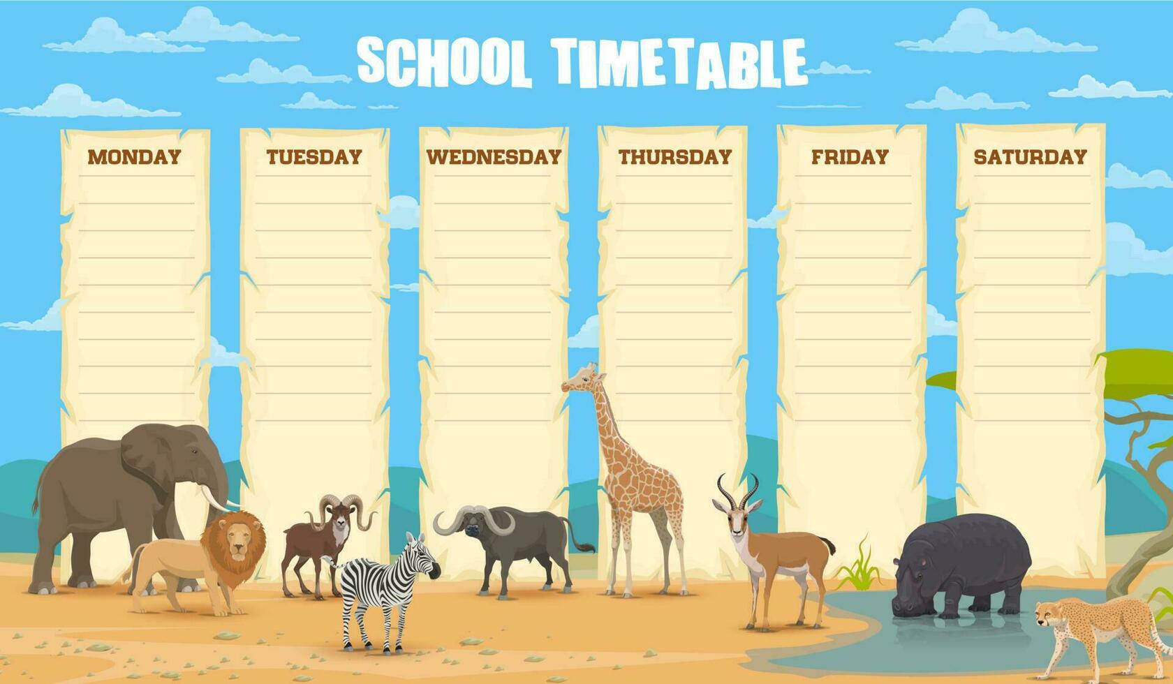 School timetable with african animals vector