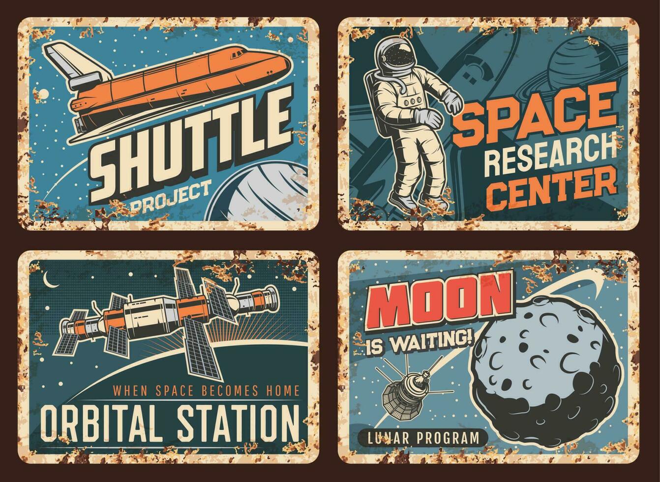 Space station, shuttle and satellite tin plates vector