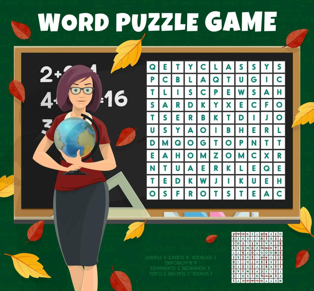 School teacher with globe on word search quiz vector