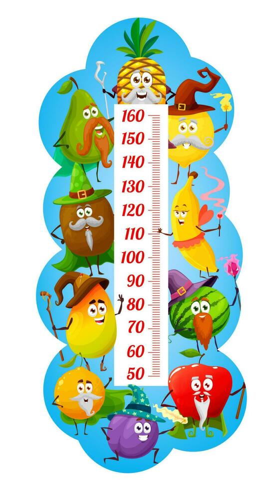 Kids height chart ruler, cartoon fruits magicians vector