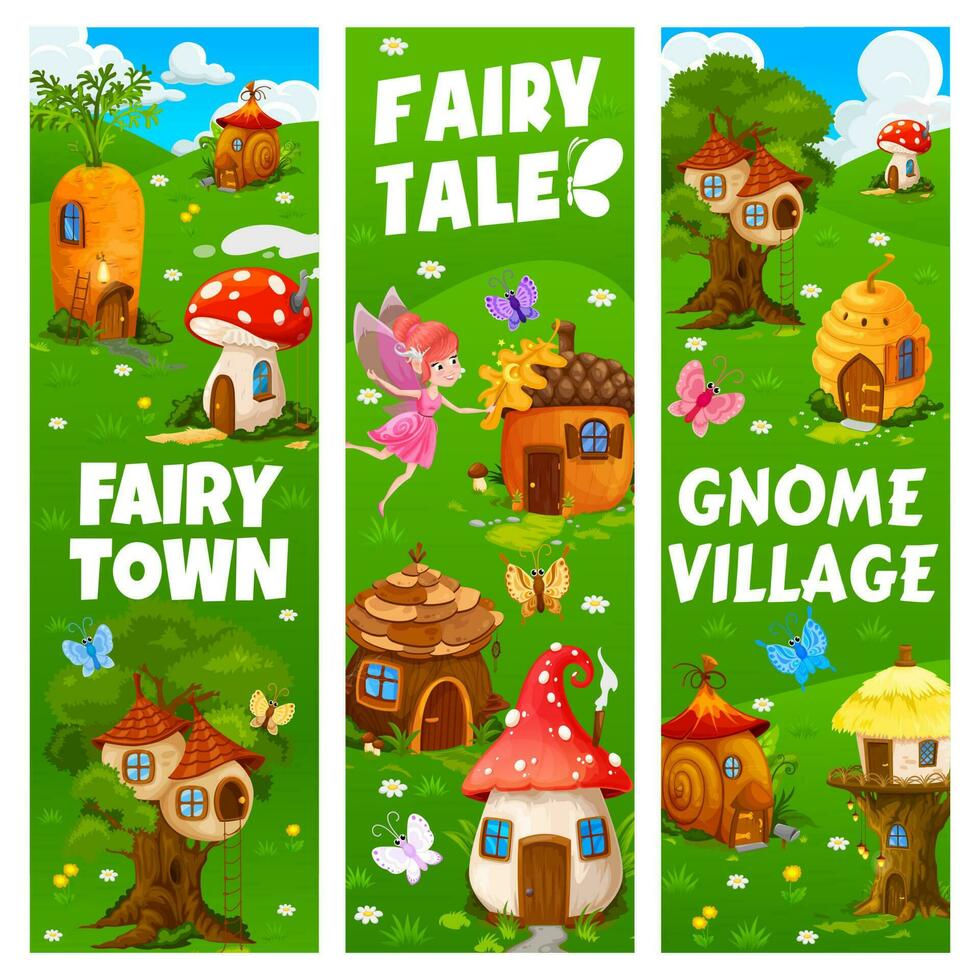 Fairy town and village banners, cartoon gnome vector