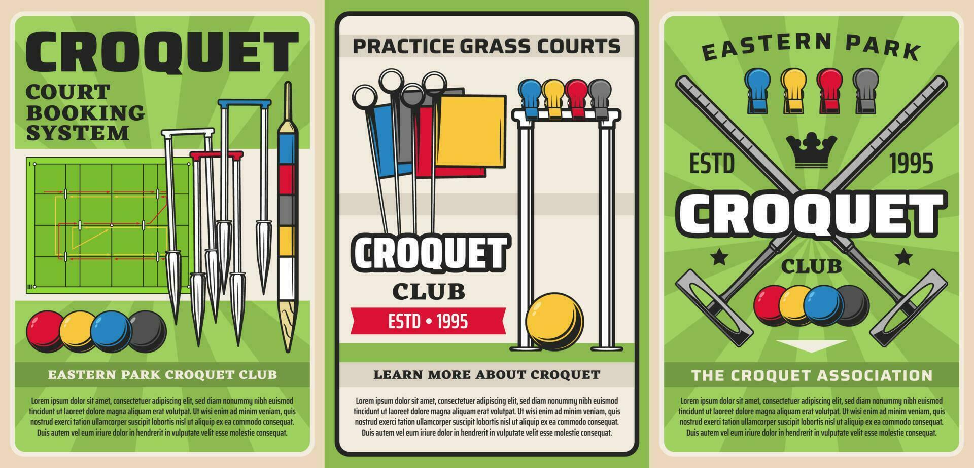 Croquet sport equipment items, club tournament vector