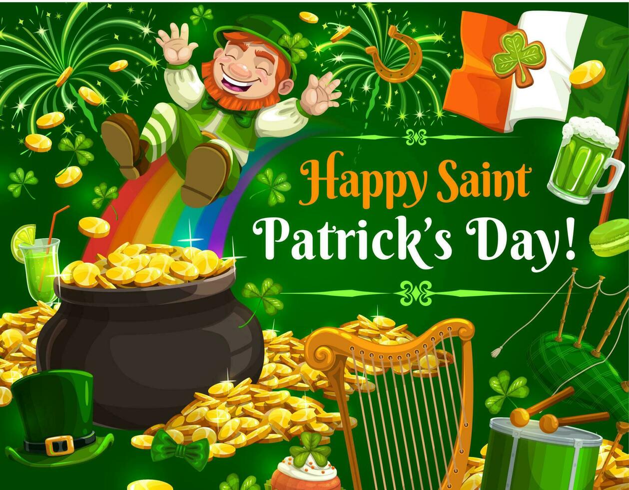 Leprechaun, pot of gold and rainbow. Patricks Day vector