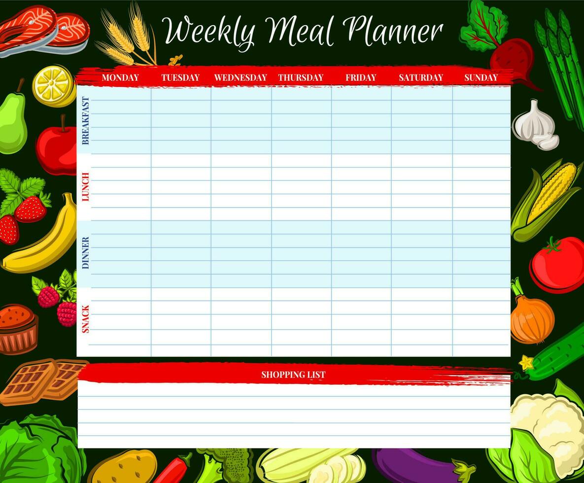Weekly meal planner, vector food week plan diary