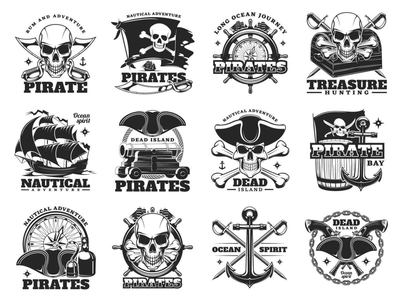 Pirate treasure adventure, skull and ship anchor vector