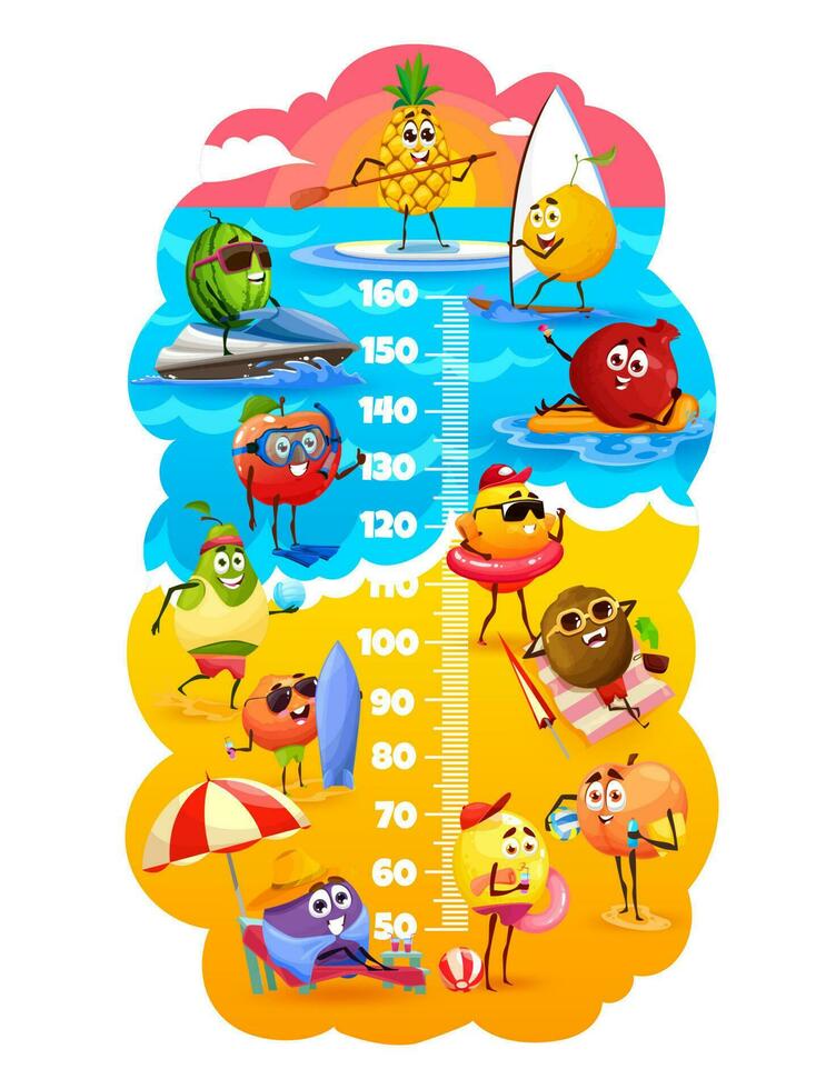 Kids height chart, cartoon fruits on summer beach vector