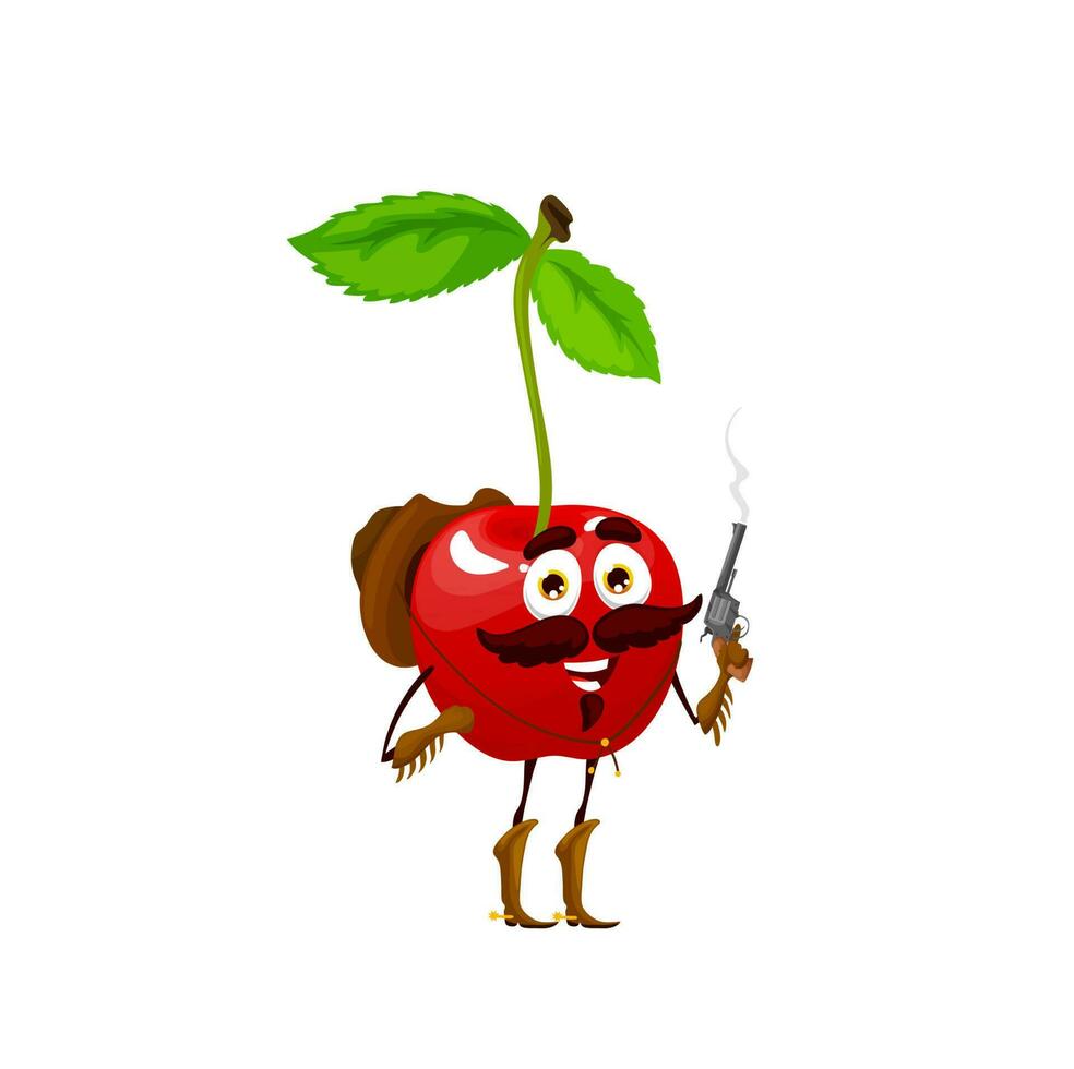 Cartoon cherry cowboy character, vector berry