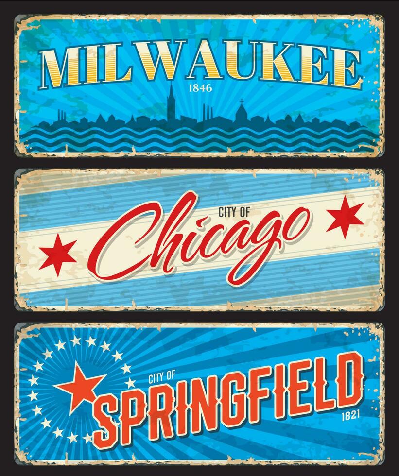 Chicago, Milwaukee and Springfield cities plates vector