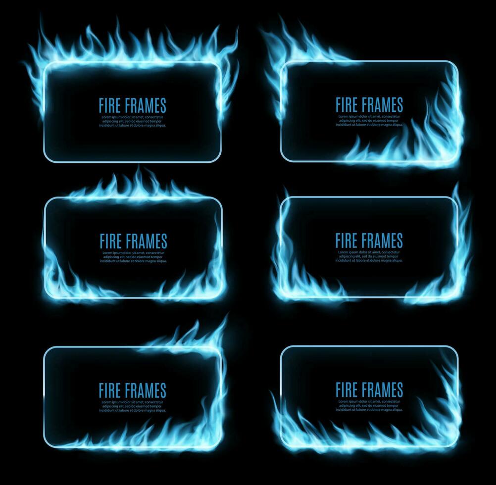 Natural gas blue fire flames frame, fiery banner vector