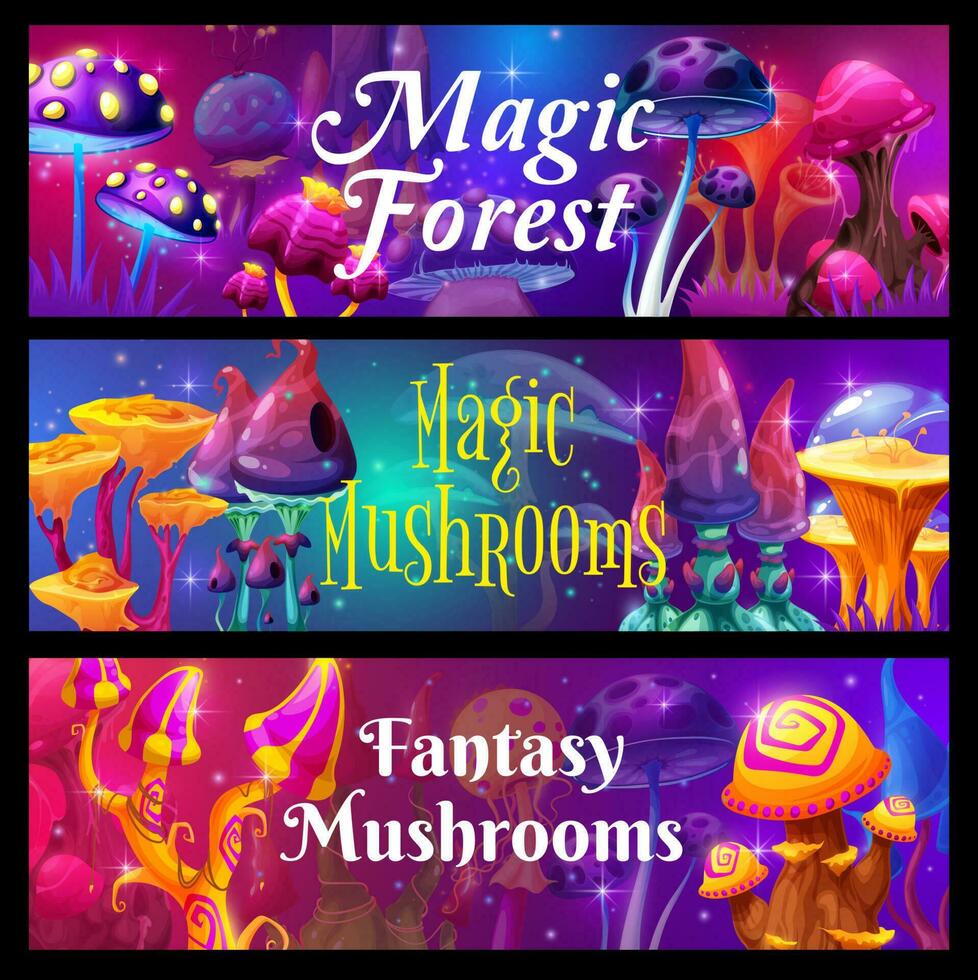 Magic luminous mushrooms in fairytale forest vector
