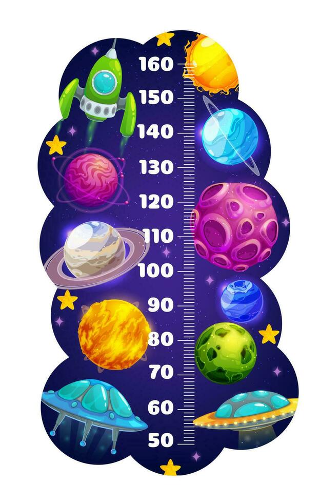Kids height chart with space planet and spacecraft vector