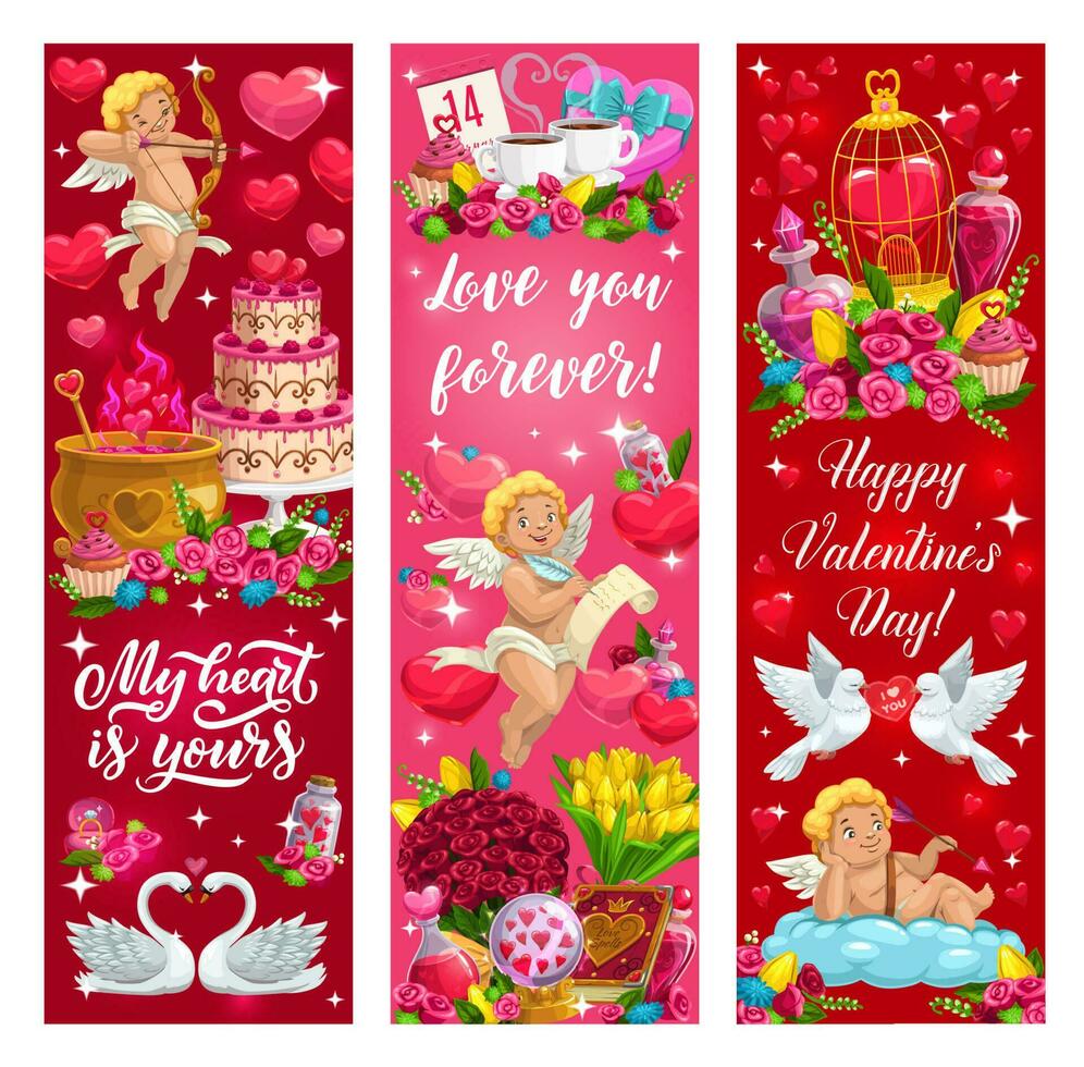 Valentine day love hearts, flowers and angels vector