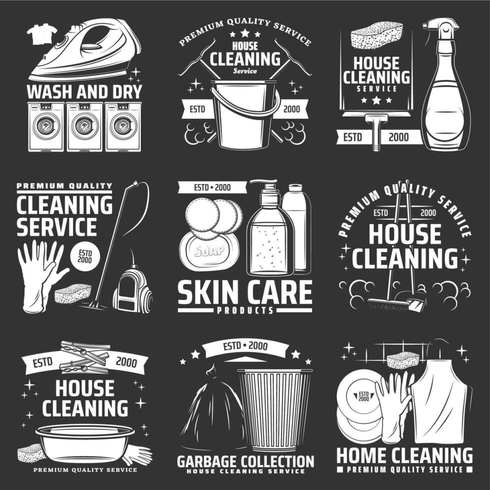 Laundry, house cleaning icons, vector accessories