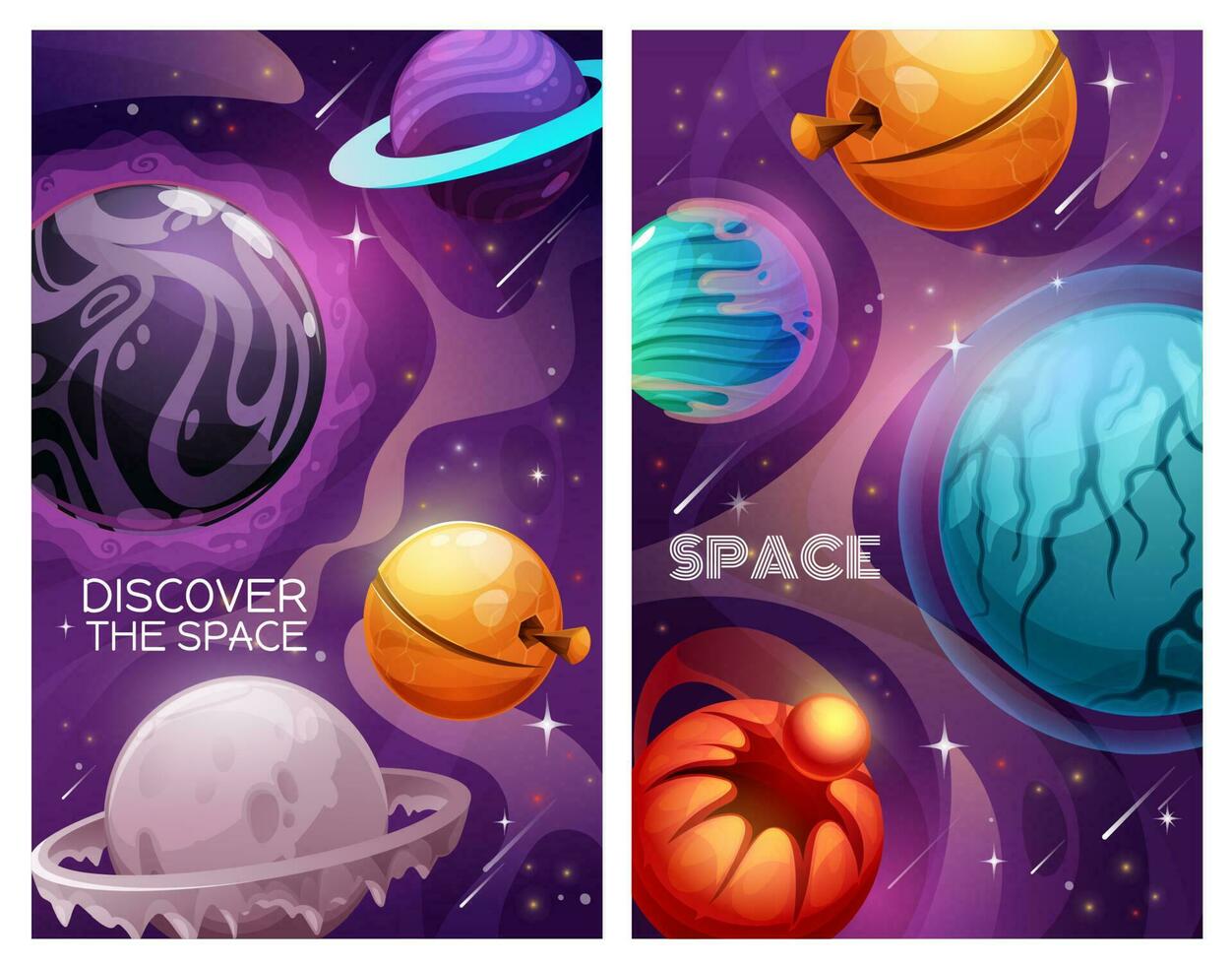 Planets and stars in space, alien galaxy universe vector