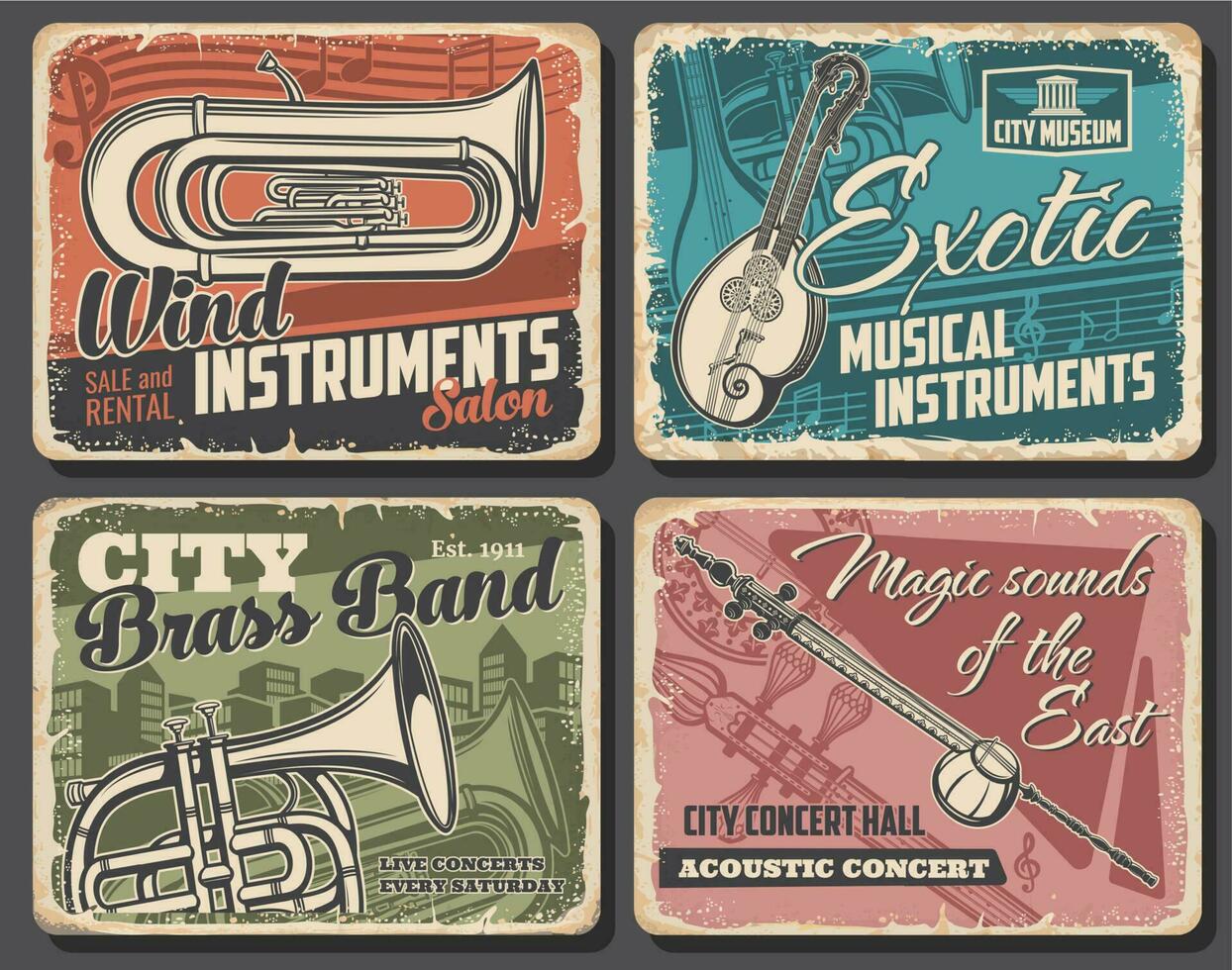 Music instruments and live concert retro posters vector